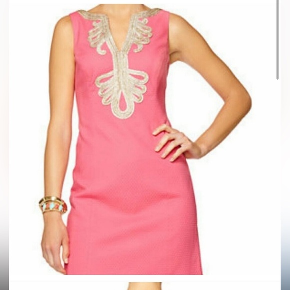 Lilly Pulitzer shift dress Janine neon pink gold details - Picture 3 of 12